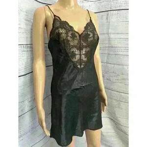 Vintage Sedu Lingerie Black Slip Dress USA Made Night Gown Lace Silky S 90s EUC